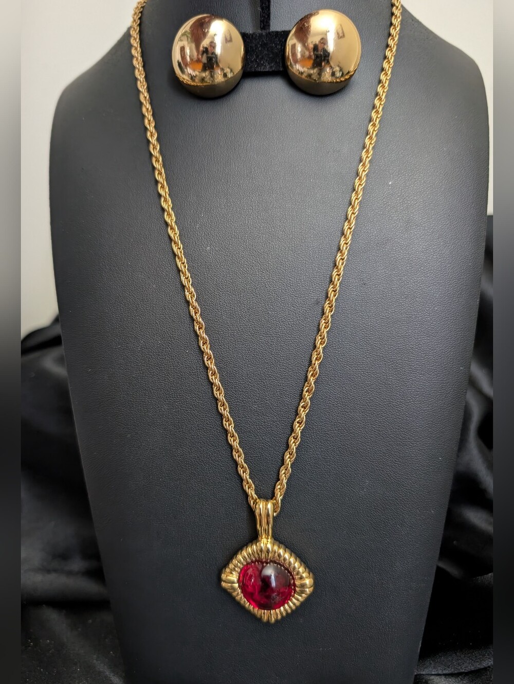 #87. Kenneth J. Lane Gold Necklace With Red Cabuchon Stone & Monet Earrings